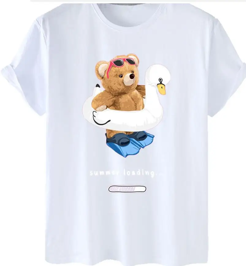 Camiseta divertida de manga corta con cuello redondo y estampado de oso de té de la leche de dibujos animados para mujer, camiseta de gran tamaño