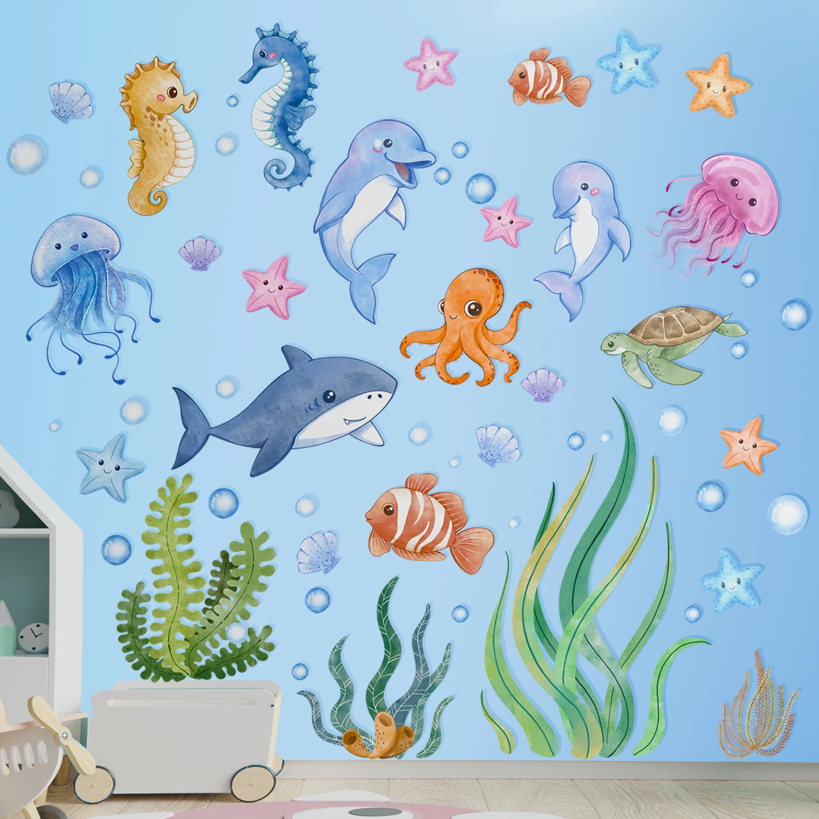 Ocean Wall Decals Under The Sea Turtle Bathroom Decor Stickers for Kids  Baby Boy Girl Bedroom Nursery Living Room Classroom