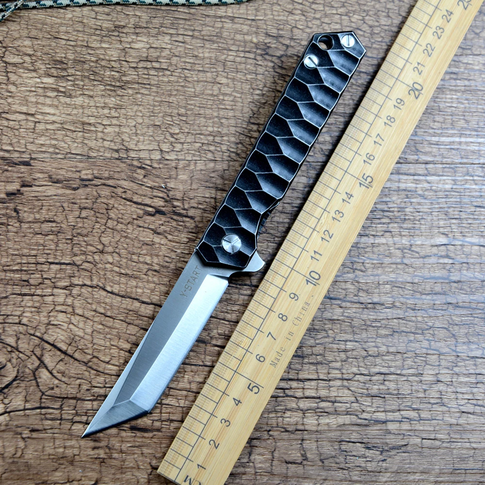 

Y-START Folding Knife D2 Tanto Blade Flipper Fast Open for Outdoor Hunting Titanium Handle LK5011