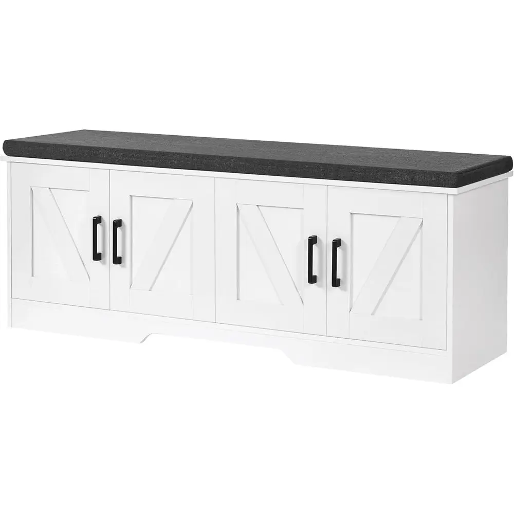 

2-Tier Storage Bench, 47.2" Wide Shoe Bench with Padded Seat Cushion, Entryway Bench with 4 Barn Doand Adjustable Shel, White