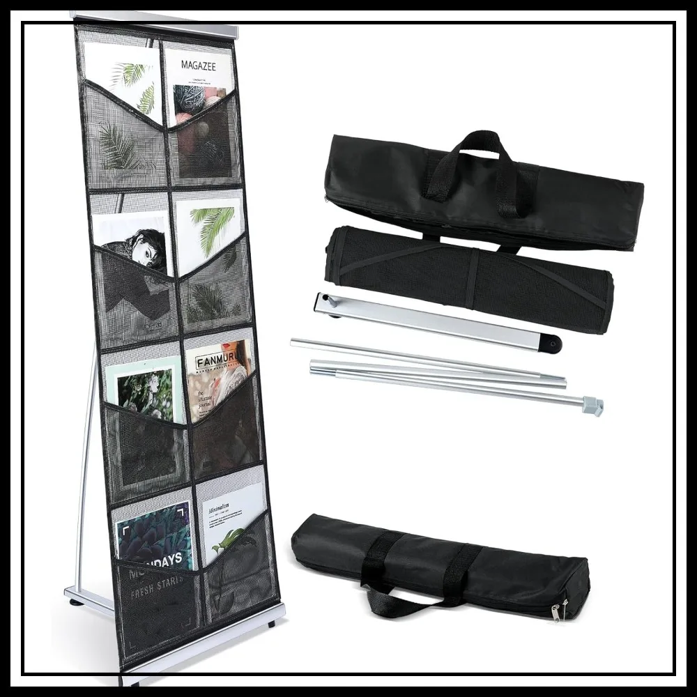 

8-Pocket Mesh Brochure Holder, Portable Magazine Display Rack for Trade Shows, Black
