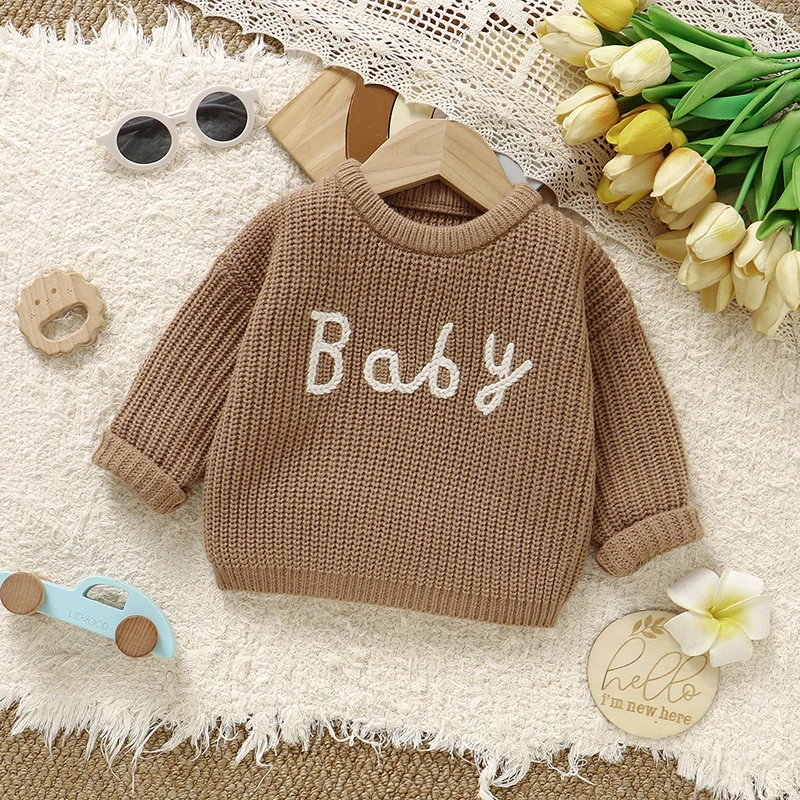 Baby Sweater Knit Infant Boy Girl Pullover Long Sleeve Newborn Kid Clothes Fashion Solid Embroidery Letters Children Tops Autumn