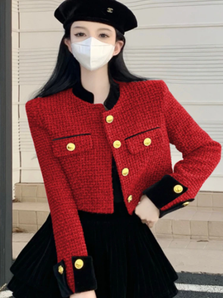 Small Fragrant Coat Chic Stand Tweed Jacket Women Red Vintage Autumn Chaquetas Mujer Jaqueta Feminina Black Striped Cardigan