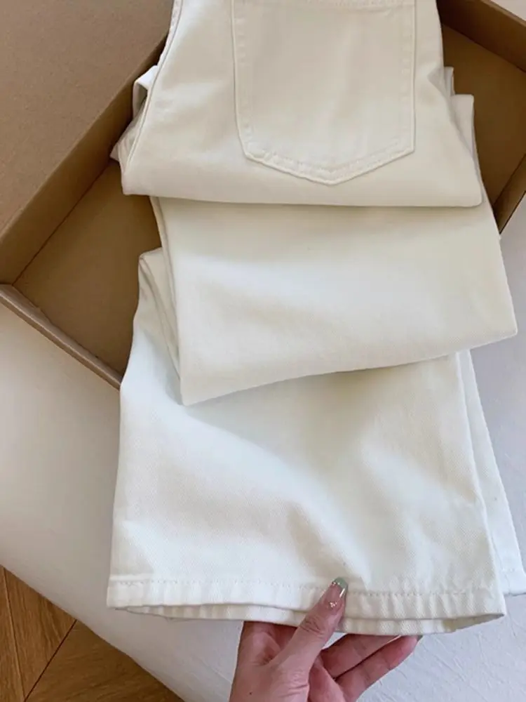Witte Kant Getrimd Hoge Taille Jeans Voor Vrouwen 2023 Herfst Losse Casual Wijde Pijpen Denim Broek Verontruste Rechte Jean broek