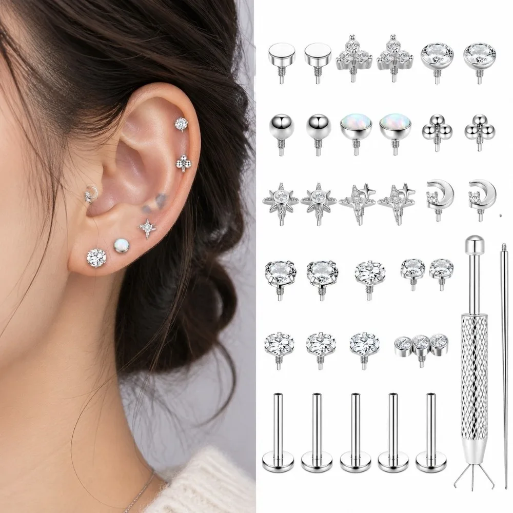 32pcs Stainless Steel Lip Piercing Jewelry Set Internal Thread Earring Applicator Earring Applicator Piercing Kit Professional