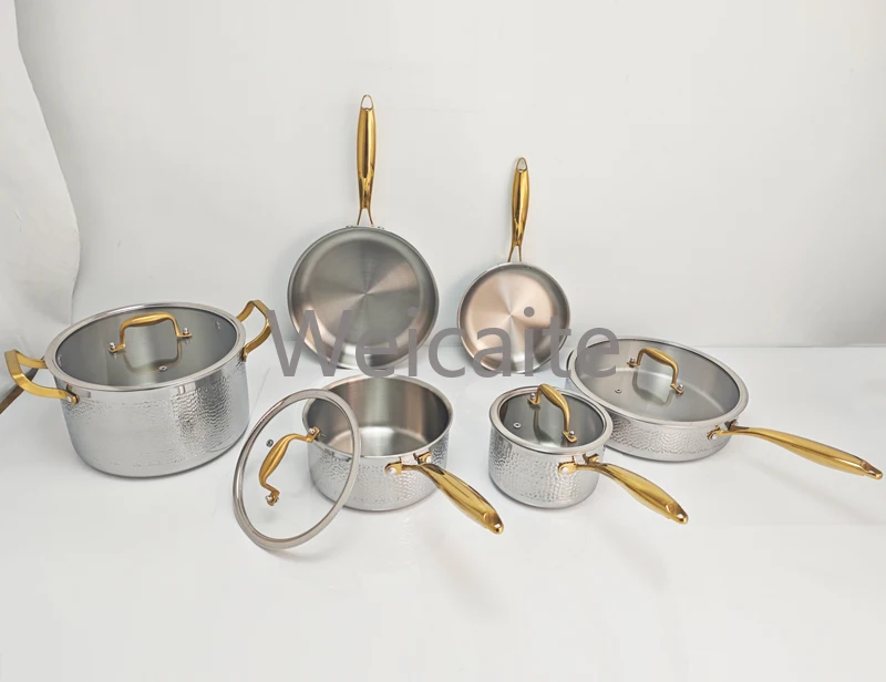 

Pots and Pans Set Tri-Ply Stainless Steel Hammered Kitchen Cookware Induction Compatible Dishwasher and Oven Safe Non-Toxic