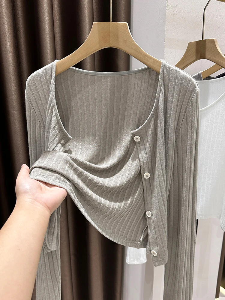 

Вязаный кардиган Spring Beau для защиты от солнца, женская тонкая верхняя одежда, накидка на плечи, топ с длинными рукавами и круглым вырезом