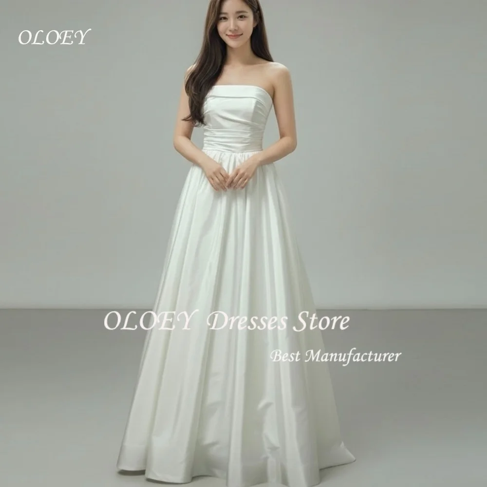 OLOEY Eenvoudige strapless Korea trouwjurken op maat gemaakte A-lijn satijnen formele feestjurken Foto's schieten mouwloze bruidjurk