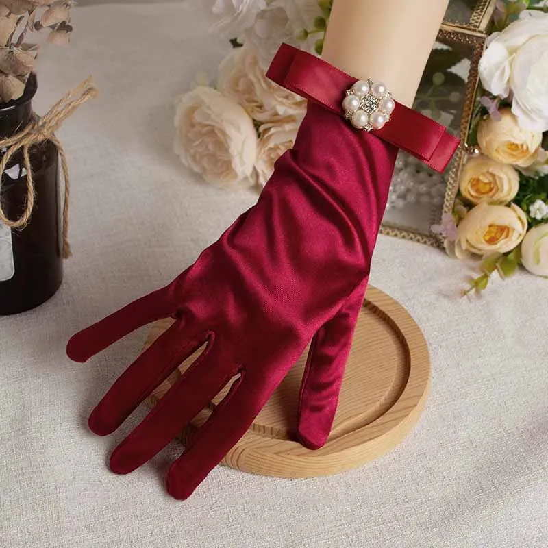 Elegant Satin Wedding Dress Bridal Red Short Gloves Retro Pearl Bow Women Photograph Prom Etiquette Performance Accessories