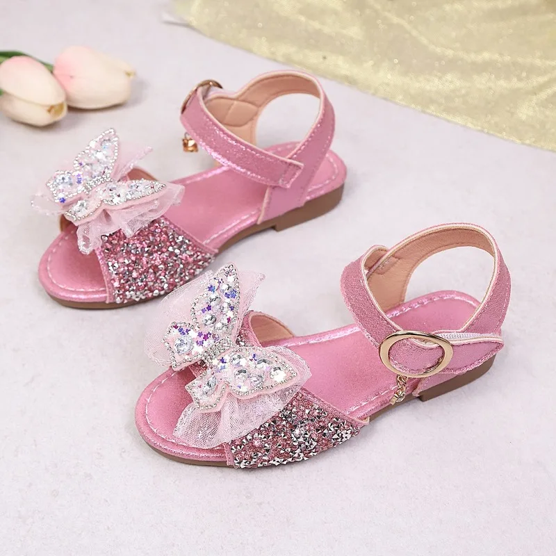 Kids Beach Shoes Sweet Lace Bows Girls Sandals Shiny Sequins 2026 Summer New Children Princess Sandals Soft Bottom Casual