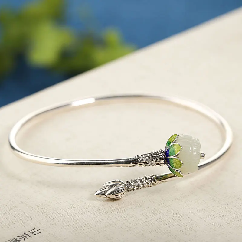 

S925 Sterling Silver Ruyi Blue Enamel Inlaid Natural Hetian Jade Magnolia Women'S Bracelet Bangle
