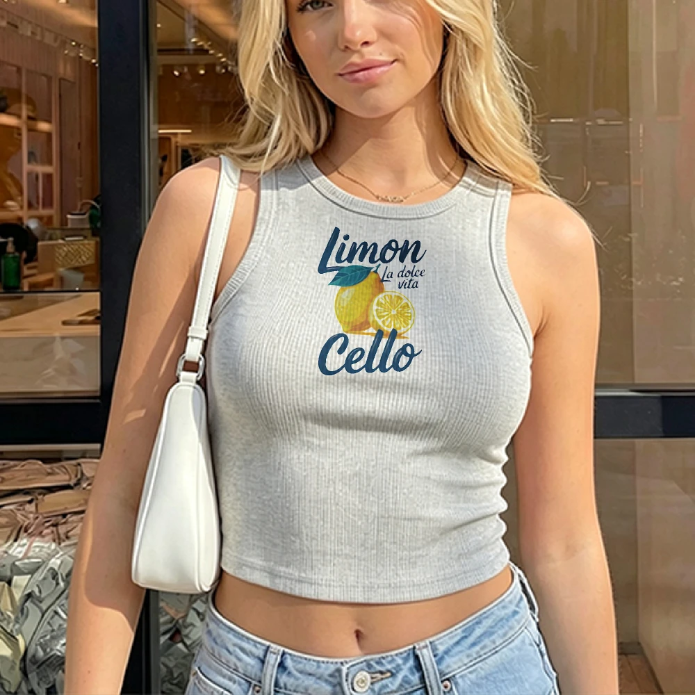 Women Limoncello Whole Lemon Slice Hand Drawn Brush Letter Print Camisole Ribbed Tank Top Crop Y2K Top Crew Neck Slim Cropped