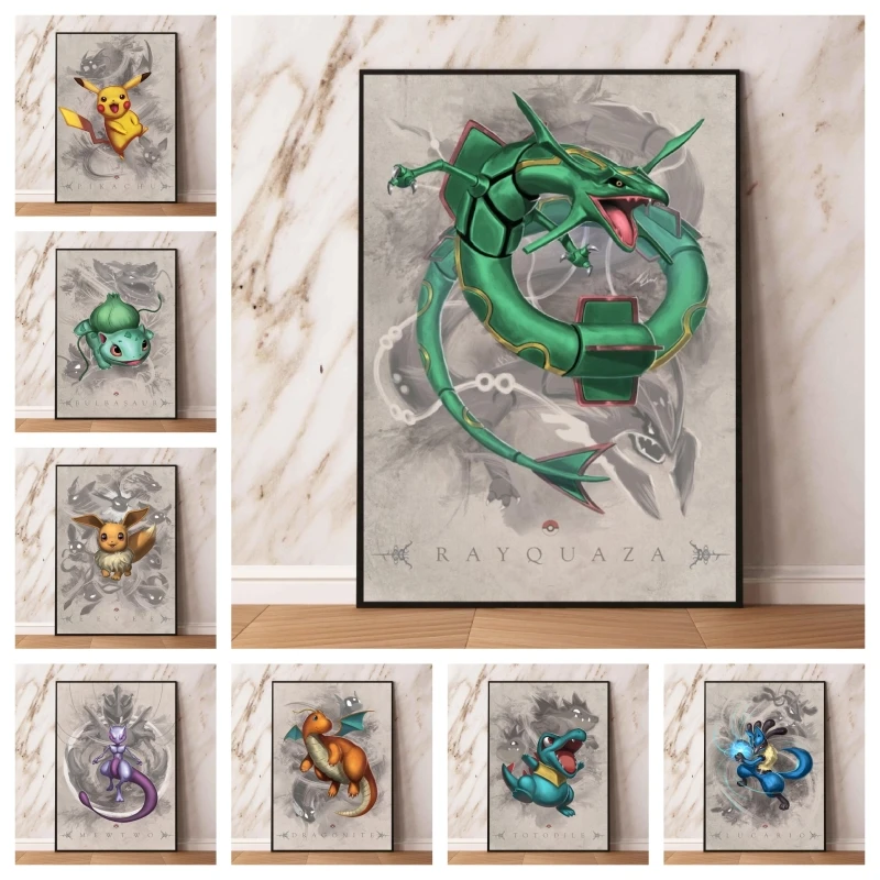1PC  Classic Anime Figures Posters Pokemon Rayquaza Pikachu Canvas Painting Decorative Living Room Bedside Mural Birthday Gif
