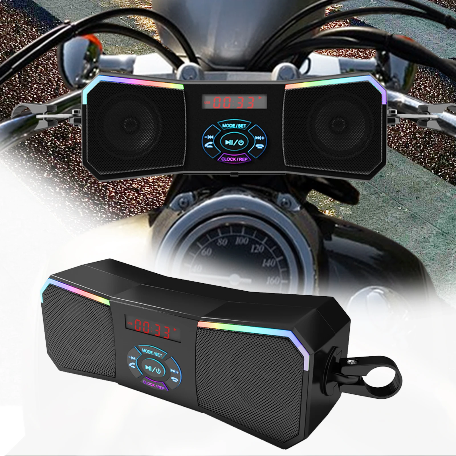 طقم صوت مثبت على مقود الدراجة النارية - مكبرات صوت ستيريو لاسلكية، مشغل MP3 12 فولت، USB/AUX وراديو FM للراكبين