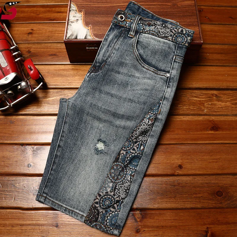 Paisley Trendy Denim Shorts Men's Summer Fashion Printed Casual Cool Street Stretch Slim Cropped Pants Summer