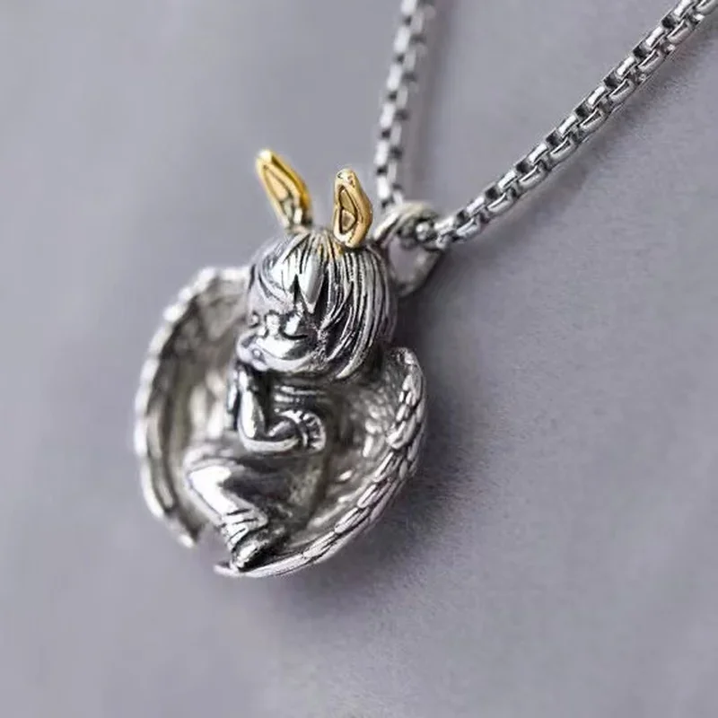 Vintage Heart-shaped Angel Wing Gir Sleeping Little Girl Necklace Girlfriends Birthday Jewelry