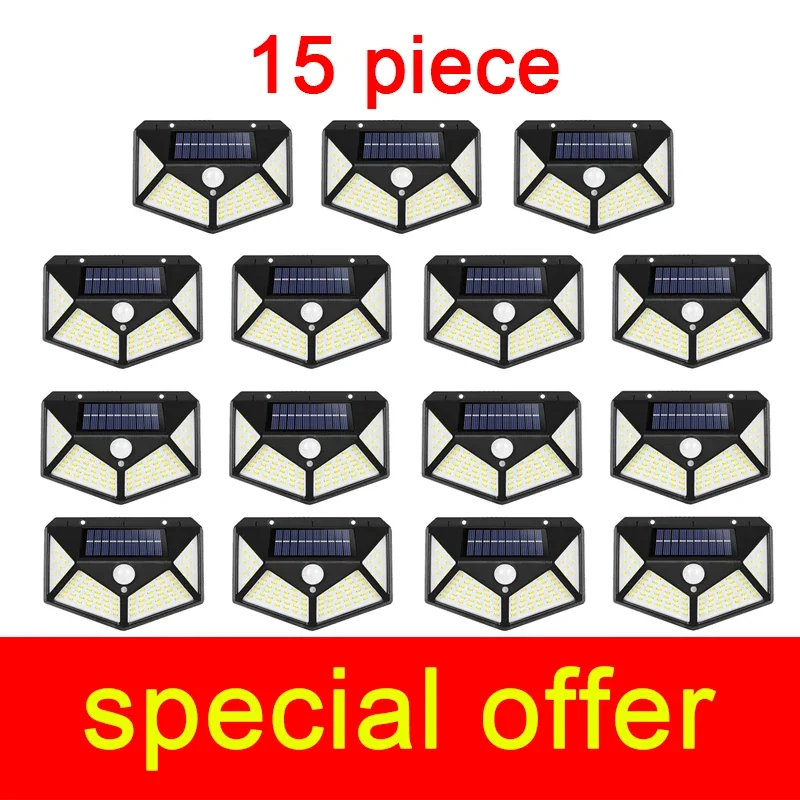 【15Pcs】Outdoor Solar Powered Lamp Waterproof With Motion Sensor 100 Led Spotlights Street Wall Light Garden Decoration