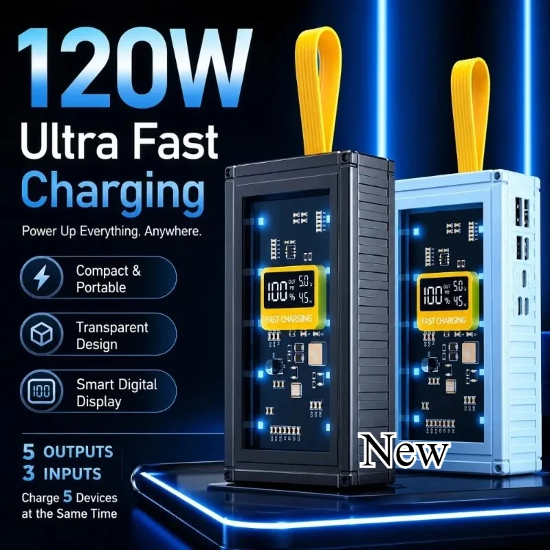 New 50000mAh Power Bank, 120W Super Fast Charging Transparent Design Portable High Capacity External Battery Universal for Apple