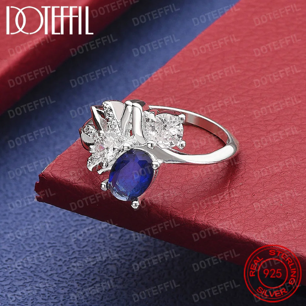925 Sterling Silver Large Blue Crystal Ring For Women Man Wedding Engagement Party Fashion Charm Jewelry