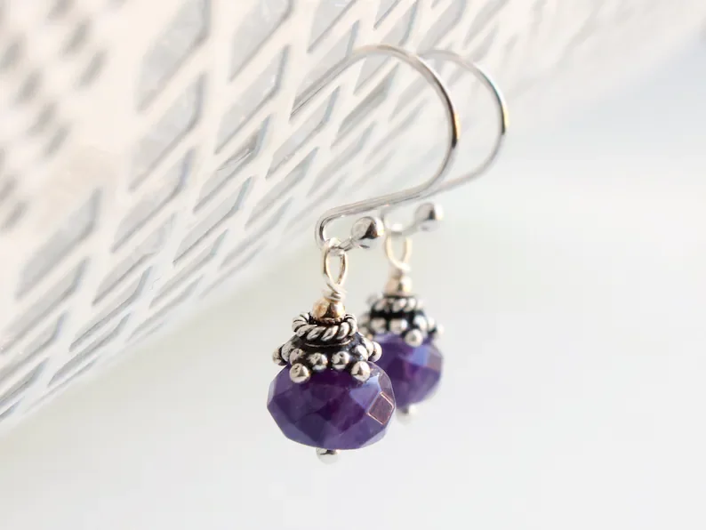 Amethyst Sterling Silver Earrings deep purple gemstone boho luxe everyday classic dainty dangle drops February birthstone