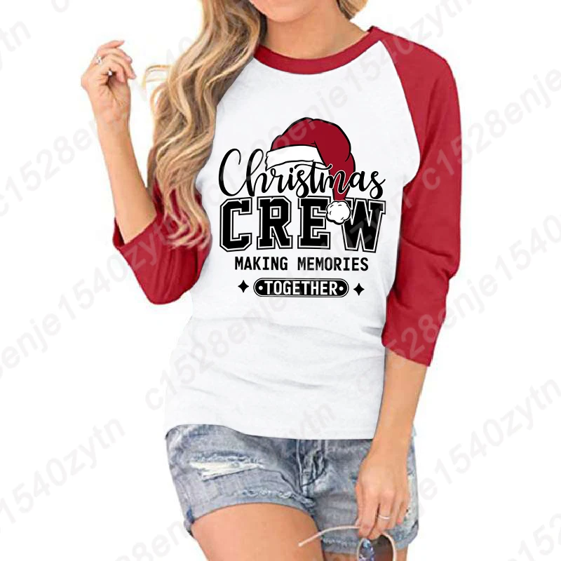 Christmas Crew Making Memories Together Print Three Quarter Sleeves Shirt Women Summer Seven Sleeves Shirt Round Neck Tee Shirts