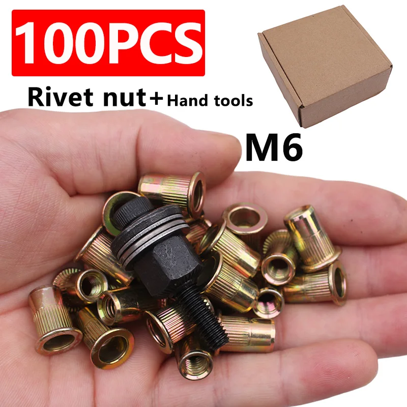100Pcs M6 Individually Packaged Galvanized Flat Head Threaded Insert Rivet Nuts Suitable for Furniture, Decoration, Automotive, Marine, and Industrial Applications