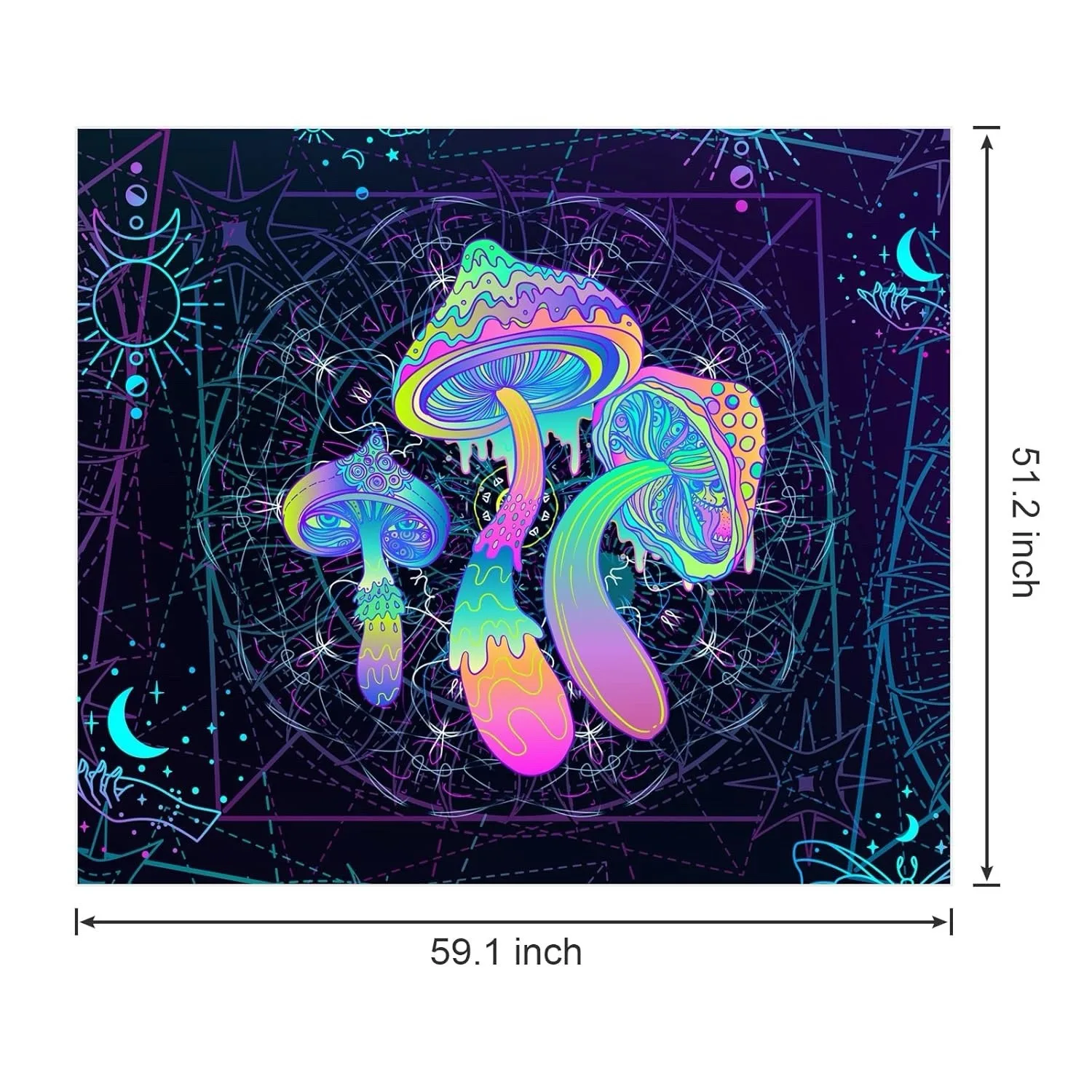 

Neon Psychedelic Mushrooms with Cosmic Symbols Tapestry 2D Flat Wall Art for Bedroom Living Room Trippy Boho Decor