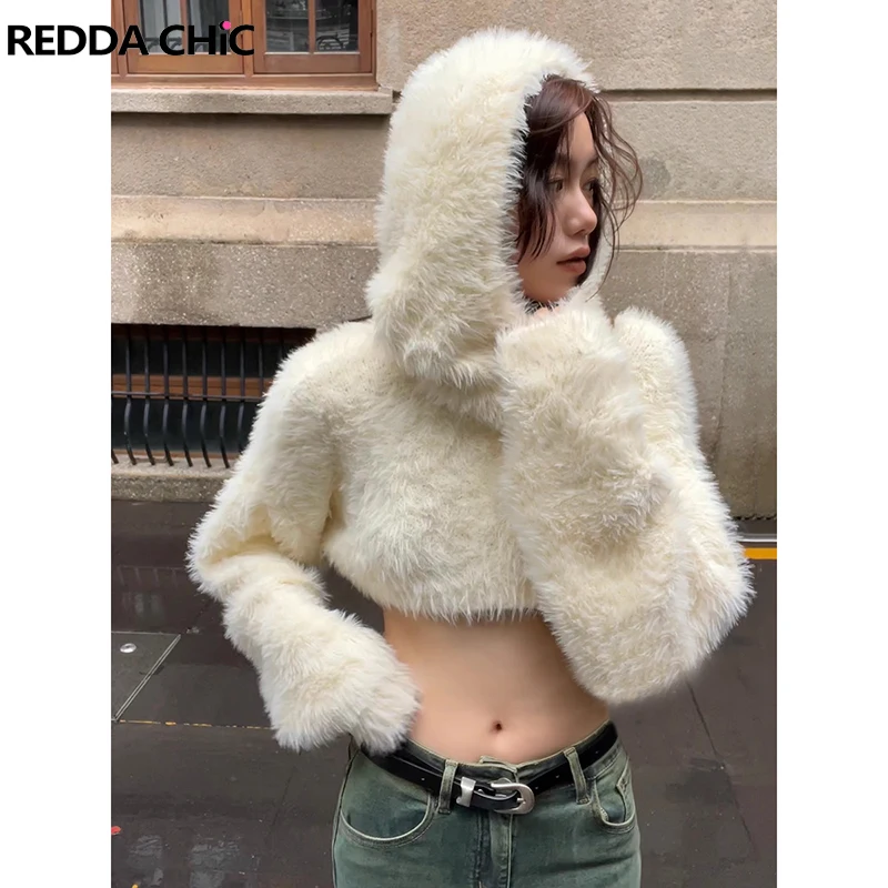 

REDDACHiC Women Detachable Hat Sweater 2-piece Set Retro White Faux Mink Fur Long Sleeves Jumper Crop Top Korean Winter Clothes