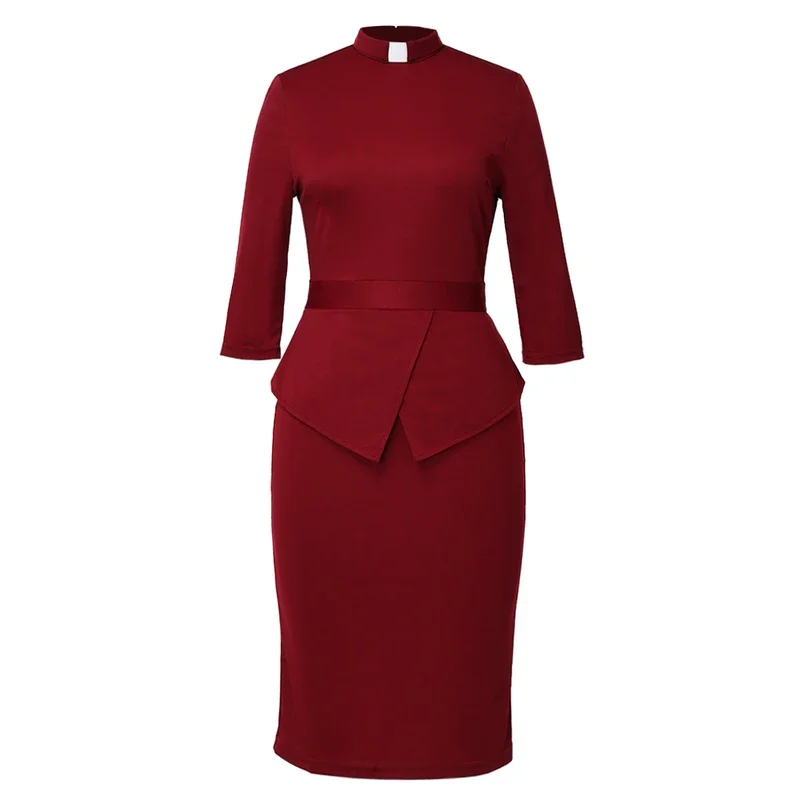 Women Catholic Dress Clergy Tab Collar Church Dress for Work Formal Bodycon Mass Sheath Midi Pencil Dress