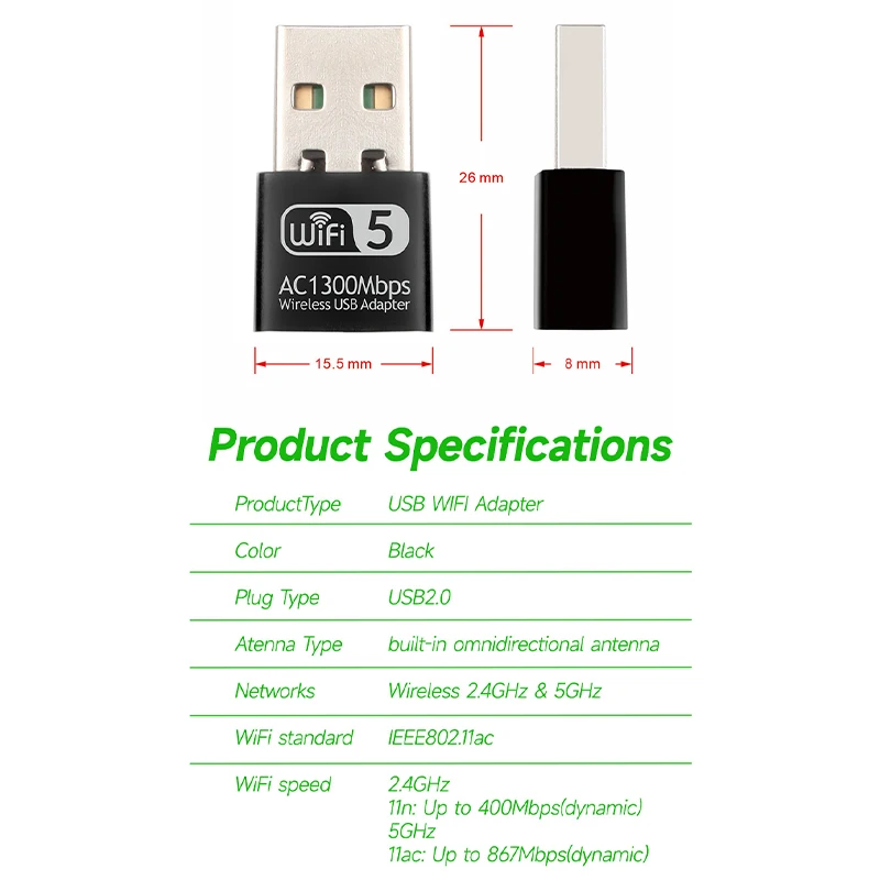 AC 1300Mbps 2.4/5.8GHz 듀얼 밴드 USB 와이파이 동글 어댑터 5G 유선 외부 무선 와이파이 5 네트워크 안테나 데스크탑 수신기