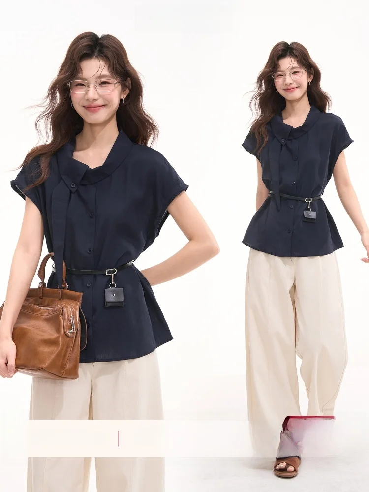 

Knot Design Shirt Women's Top Korean Style Casual Summer Limited Edition Heme Flower Field Window High Intelligence