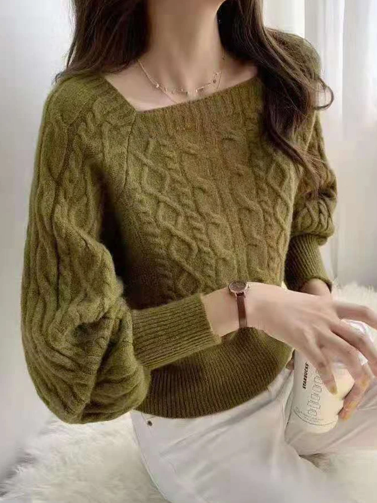 Knitted Sweater Women Korean Fashion Soft Pullover Female Autumn Winter Square Collar Jumper Ladies Elegant All-Match Sweaters