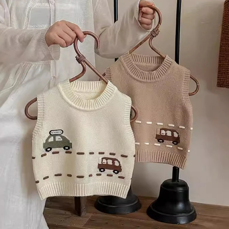 Herbst und Winter Cartoon 2024 Jungen Gestrickte Pullover Weste Koreanische Kinder Kleidung Jungen Baby Pullover Warme Pullover