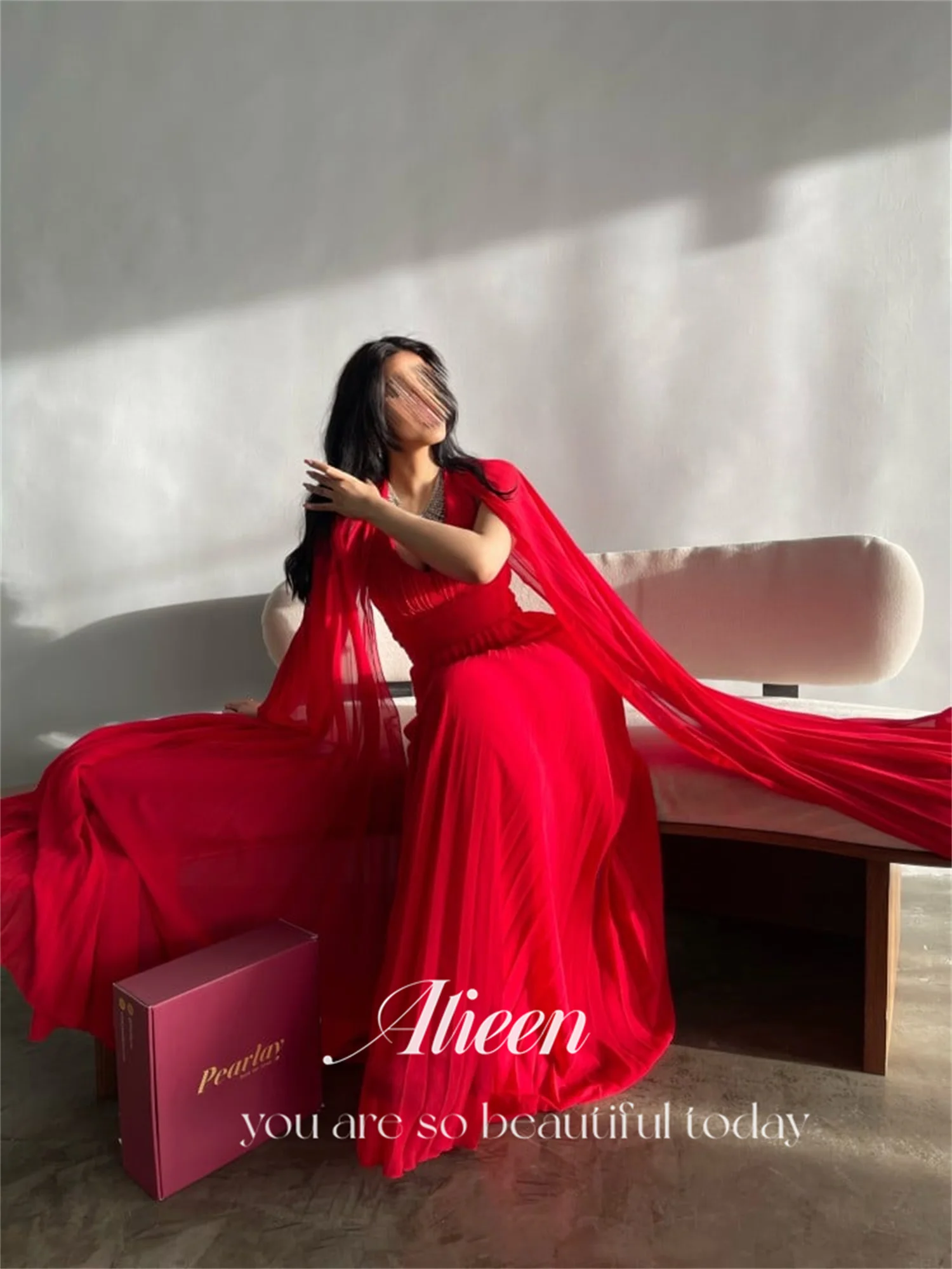 Aileen Shawl Red V-neck Chiffon Luxury Prom Dress 2024 Blackgirl Luxurious Women\'s Evening Dresses Woman Elegant Ball Gowns Gala