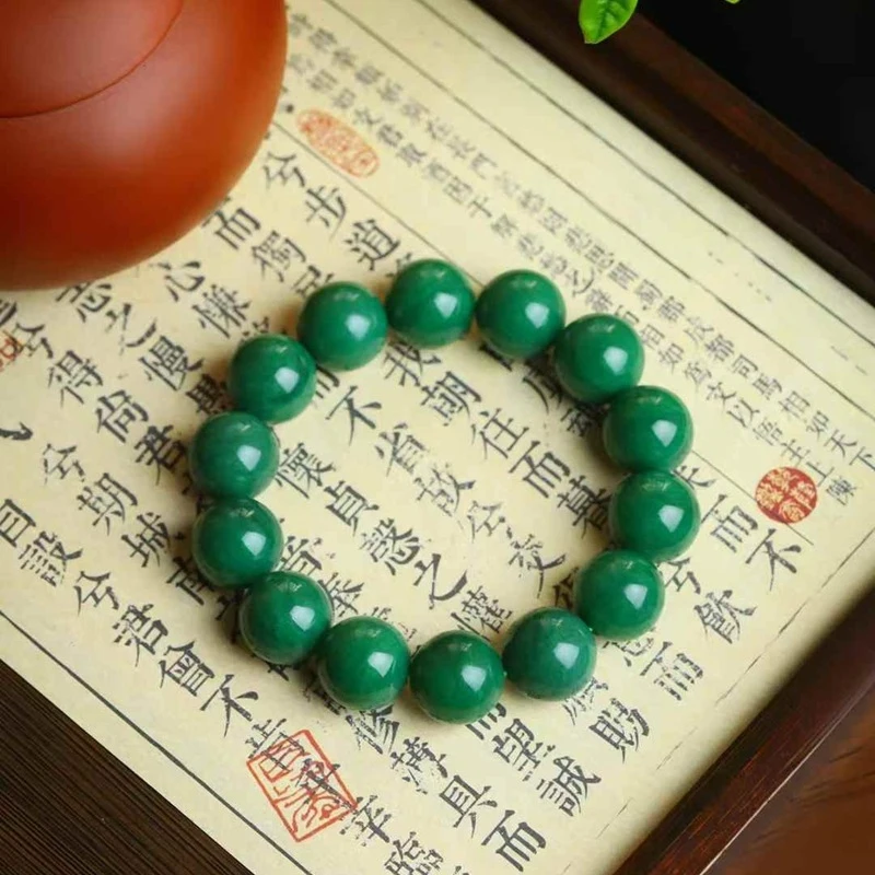 

Цепочка, натуральный нефрит Хэтянь, русский нефрит, старинный, шпинатно-зеленые бусины, круглый и гладкий нефритовый браслет.