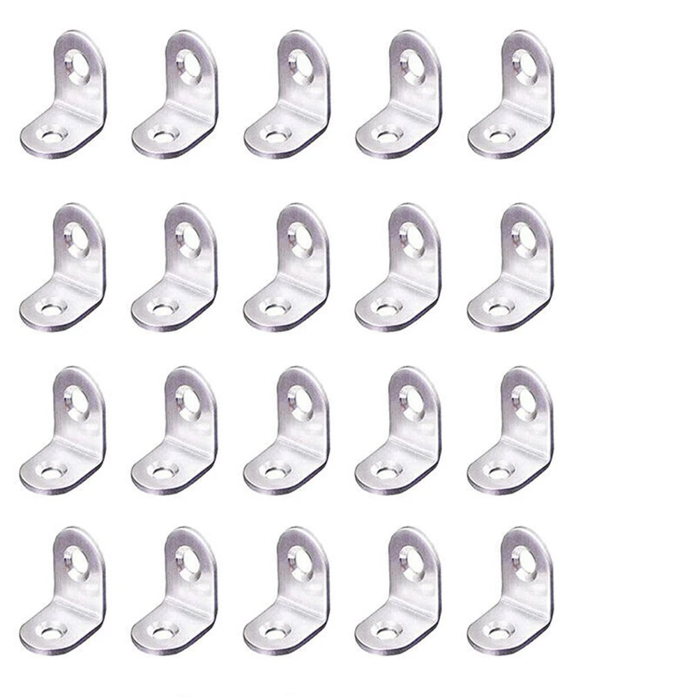20 suportes de canto em forma de l de aço inoxidável para prateleira de armário e reforço de mesa com furos de parafuso escareados nivelados