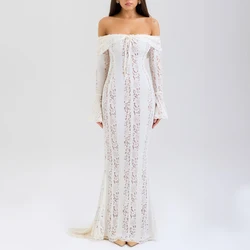 White Off Shoulder Women's Lace Up Flare Long Sleeve Slim Maxi Dress Hollow Out Mermaid Vestidos Female Elegant Evening Dresses