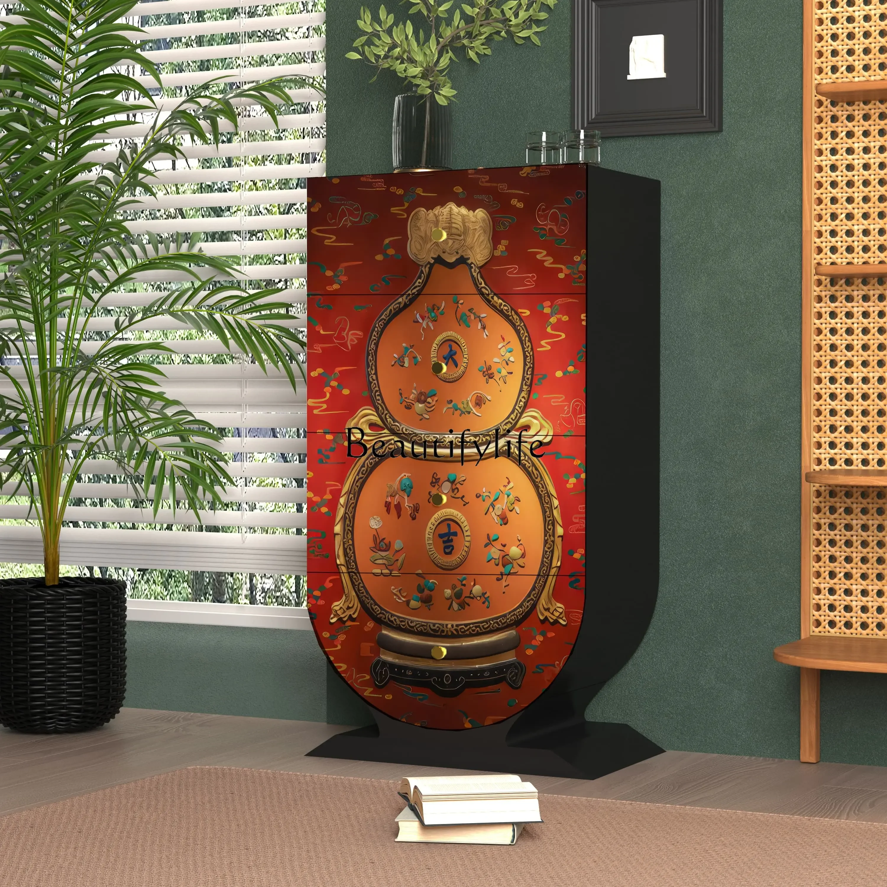 

06French gourd painted solid wood four-chest cabinet living room homestay wall storage cabinet