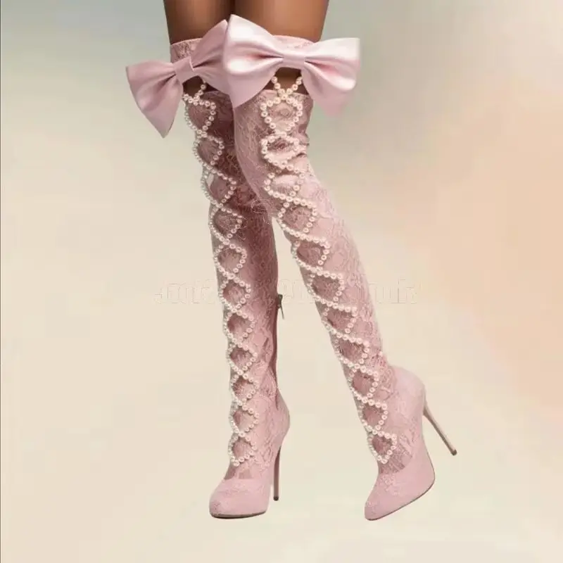 Pink Lace Bow Knot Pearl Geometric Design Boots Side Zipper Women Shoes Thin High Heels Party Banquet 2026 Zapatos Para Mujere