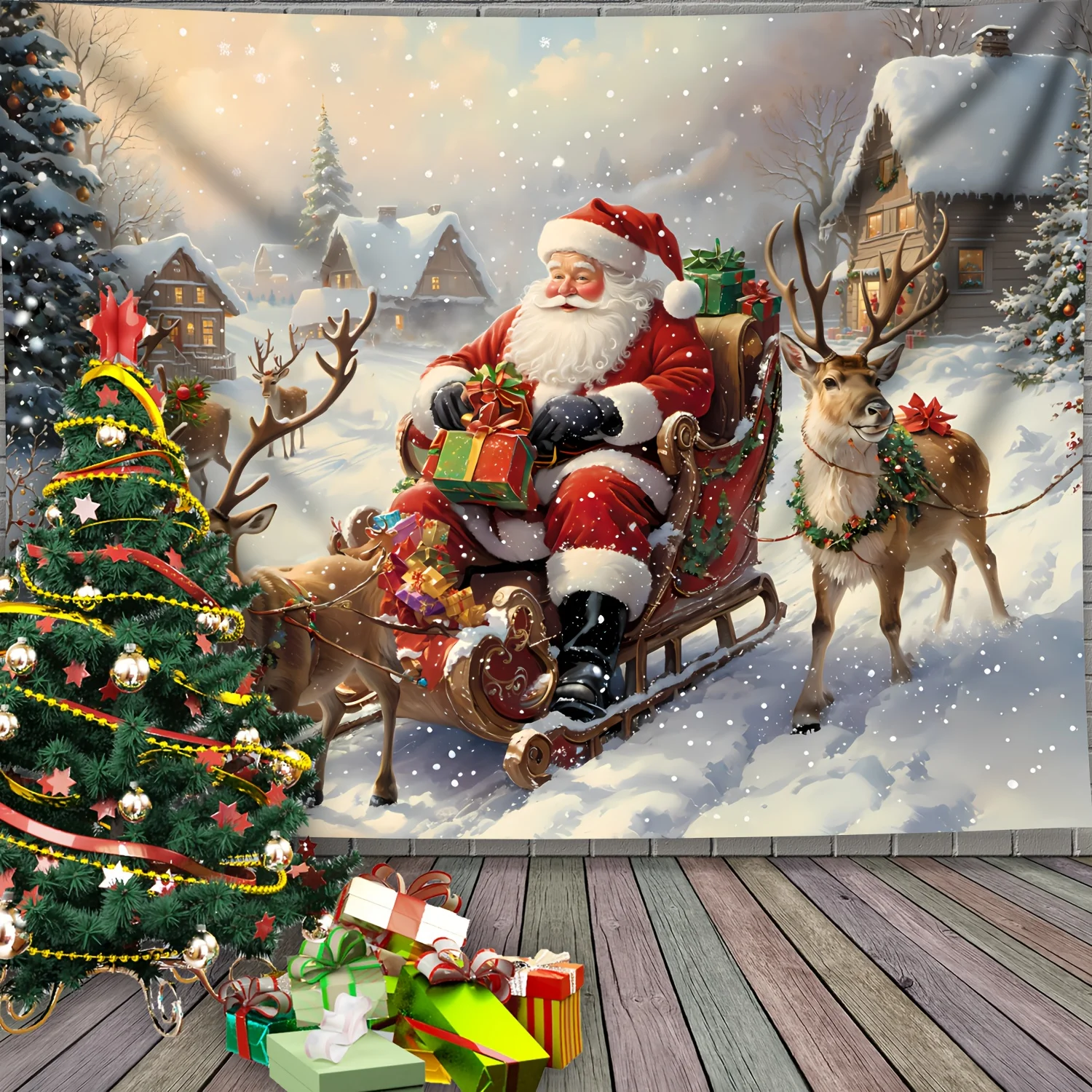 Large Santa Claus Sleigh with Reindeer Christmas Tapestry - Winter Wonderland Scene with Snow-Covered Cottages, Trees & Gifts
