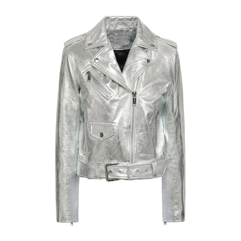 

Women's Genuine Lambskin Metallic Biker Real Leather Silver Motorcycle Jacket