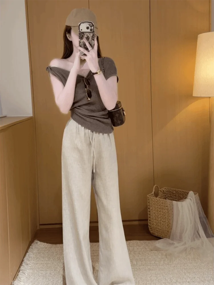

High Waist Wide Leg Pants Set Women's Summer New Style Loose Fit Linen One Shoulder Top And Pants Ensemble Marie Brand