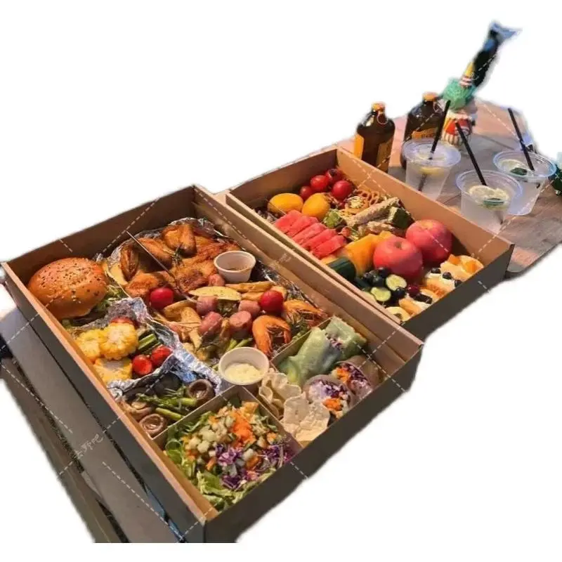 Custom. Kraft Box Discount-Paper Food Tray Picnic Box Disposable Fruit Camping Spring Outing Packaging Dessert Box Oil-Proo