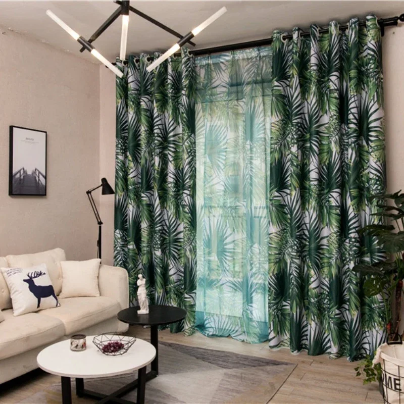 Simple Palm Tree Leaf Pattern Curtains for Living Room Black Silk Printed Blackout Fabric Curtain Customizable Window Curtains