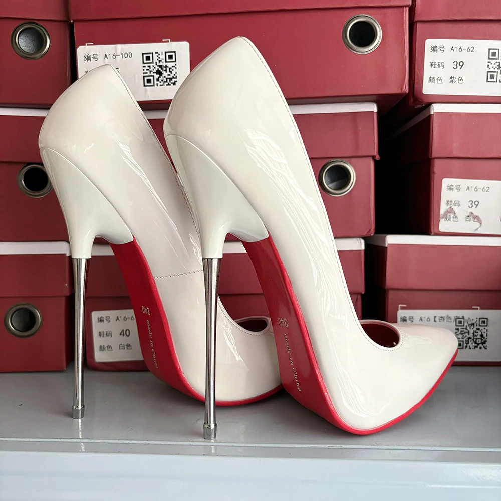 2024 Newly 16cm Extreme High Heels Shiny White Stilettos Sexy Pointed Toe Women Pumps Fetish Catwalk Model Man Shoes Size45-46