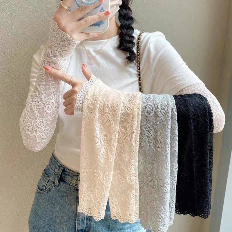1Pair Women Summer Ice Silk Lace Arm Sleeve Elastic Sleeve Driving Gloves Black White Long Fingerless Mittens Sunscreen Gloves
