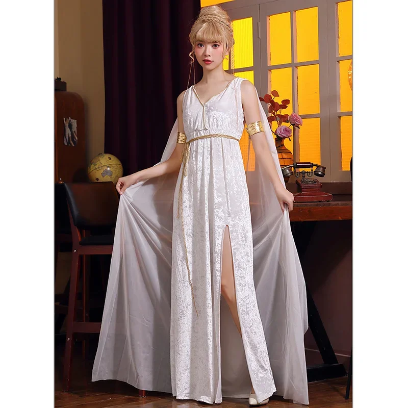 White Velvet Deep V Split Dress Greek Goddess Cosplay Costume Goddess Elegant Irregular Dress Costumes Party