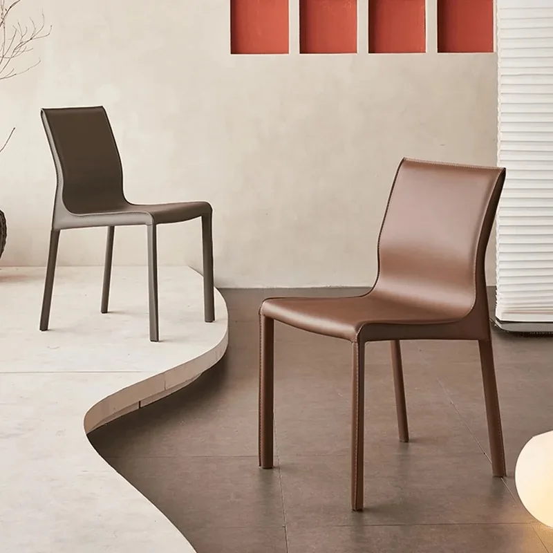 #Italian Minimalist Steel Frame Leather Dining Chair with Backrest High-end Design for Home Hotel