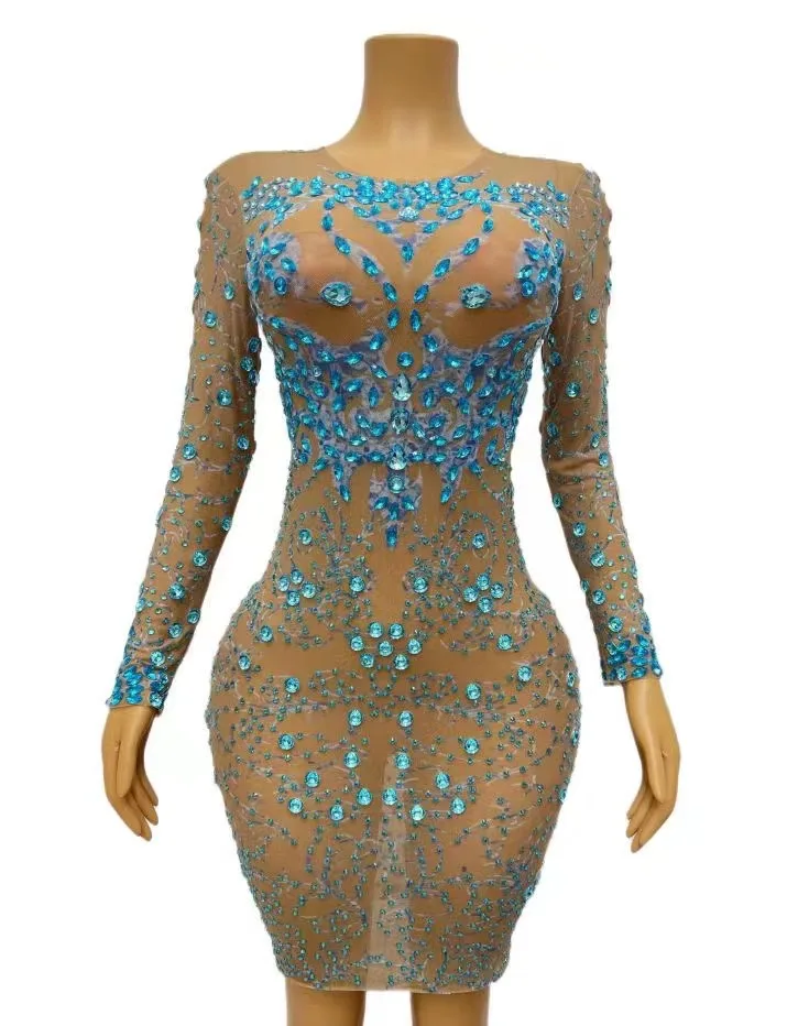 Vestido transparente de manga larga con diamantes de imitación azules brillantes para escenario, disfraz para sesión de fotos elástico para celebración de cumpleaños y noche