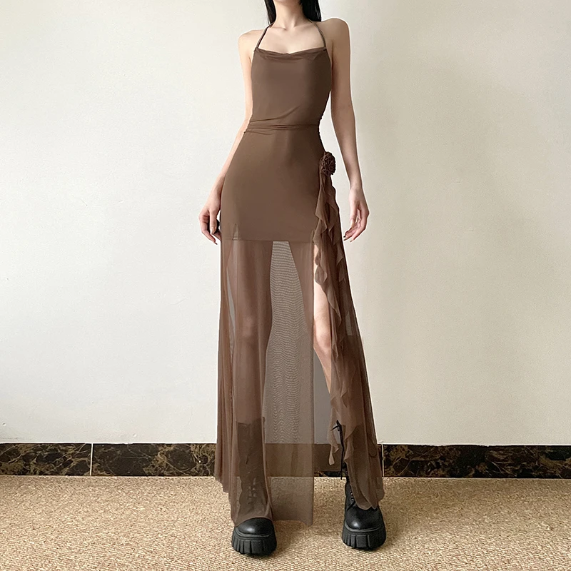 HEYounGIRL Mesh See Through Hem Maxi Dress Women Korean Halter Neck Sexy Brown Long Dresses Clubwear Outfits Fashion Y2K Dress